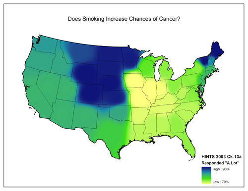 Map of United States showing varying degrees of responses to the question Does Smoking Increase Chances of Cancer?